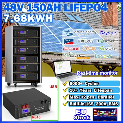 Batterie LiFePO4 48V 150Ah Batterie 200Ah 100Ah 51.2V 10KWh Stockage d'énergie pour la maison