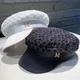 Chapeau bleu marine plissé vintage pour femme bérets M avec biscuits cuir PU casquette à visière