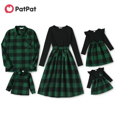 PatPat-Tenues assorties à carreaux pour la famille manches longues épissage ceinture robes