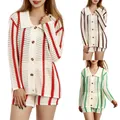 Women Striped Knitted Tops Cardigan with Shorts Button Decoration Loose Streetwear Fashion Clothes