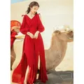 Khalee Yose-Robe Maxi Vintage Chic Rouge Dégradé pour Femme Col en V Style Boho Chinois Volants