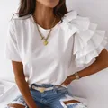 T-shirt asymétrique à volants superposés pour femmes chemisier blanc élégant haut à manches