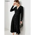 Amii-Robe Longue Noire Minimaliste pour Femme Col en V Ceinture à lèvent Élégante Nouvelle