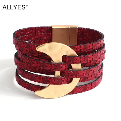 ALLYES – Bracelets bohémiens en cuir pour femmes breloque en forme de lune à la mode 6 rangées