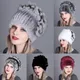 Bonnets tricotés en fourrure de lapin rayé pour femmes bonnets de neige fourrure de renard
