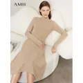 Amii-Robe longue minimaliste vintage ligne A pull décontracté col mi-haut robe éducative