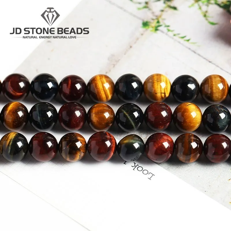 Perles tricolores naturelles, jaune, bleu, noir, œil de tigre, perles rondes, amples, pour la fabrication de bijoux, bricolage de bracelets, accessoires