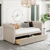 Twin Size Button-Tufted Upholstered Daybed with 2 Large Storage Drawers, 2 Armrests and Wood Slats