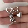 Boucles d'oreilles Vintage en argent plaqué petit ours asymétriques en forme de cœur pour femmes