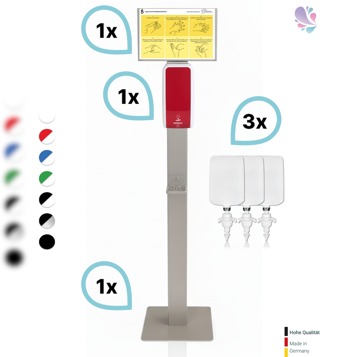 Blanc HYGIENIC SET: Desinfektionsspender SENSOR Cosmos +Bodenständer Edelstahl +Infotafel +3x 1-Liter Hautdesinfektion +prof. Hygieneplan Image
