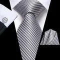 Cravate en soie grise et blanche rayée pour hommes boutons de manchette pratiques mode fête