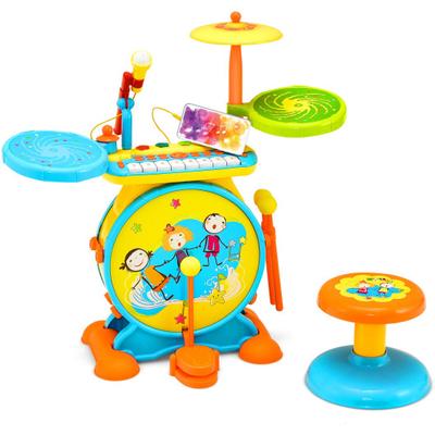 Costway 2-in-1 Kids Electronic Drum and Keyboard Set with Stool-Blue