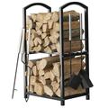 Firewood Rack - 2-Tier Outdoor Firewood Holder - 4 Hanging Hooks For Fireplace Tools Set Poker Tongs - Waterproof Rust-Proof Steel Pipe Log Holder with Black Powder Coat Finish - 17x12x29