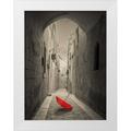 Frank Assaf 15x18 White Modern Wood Framed Museum Art Print Titled - Red umbrella on narrow street of Mdina Malta