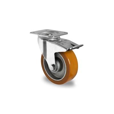 Lenkrolle, ø 100 mm mit Feststeller, innen Aluminium, außen Polyurethan braun Image