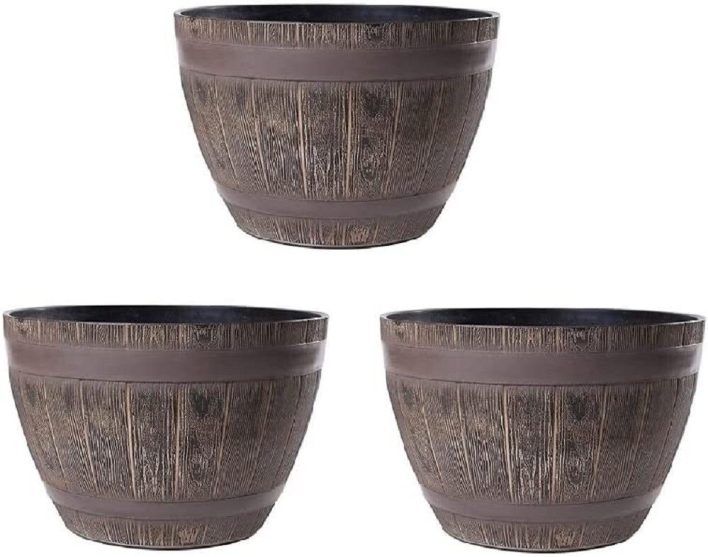 H&D Manufaktur Jinfa 3er-Set Blumenkübel aus Kunststoff in Holzoptik | Farbe: Eiche | Design: Weinfass | Ø 38 cm Image