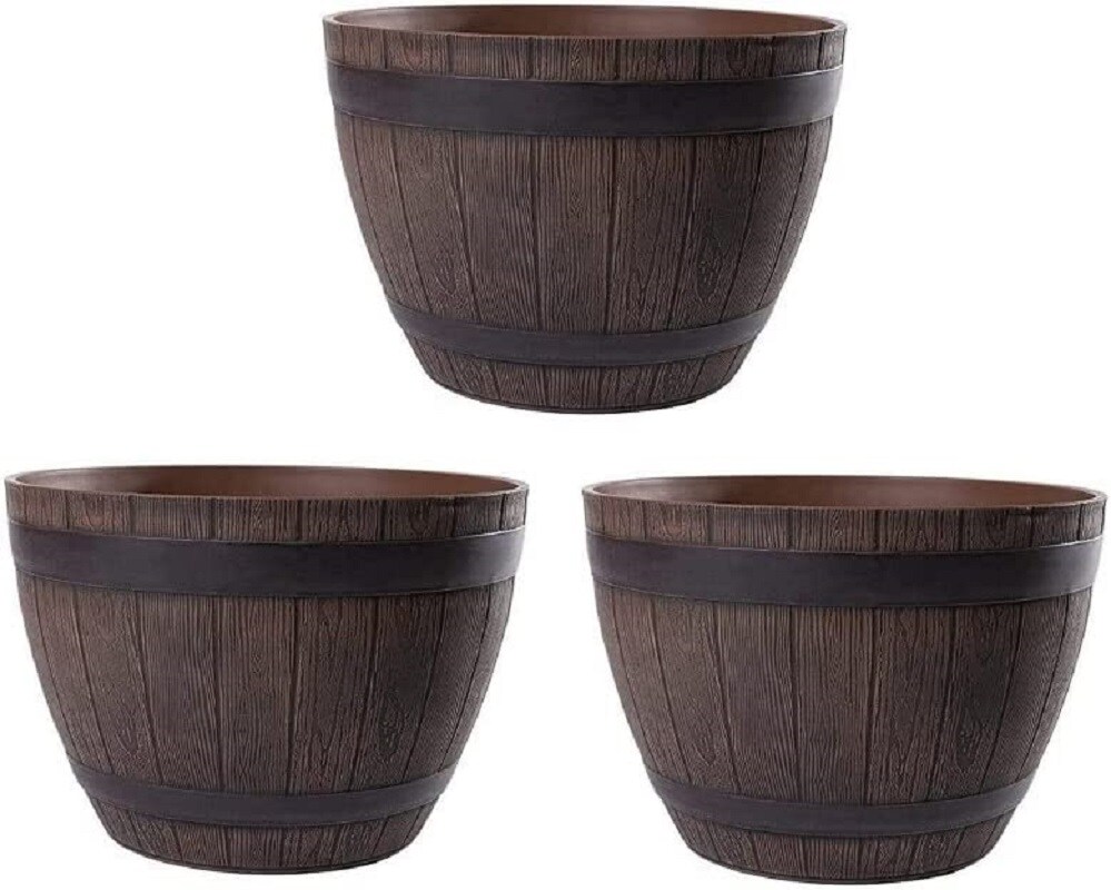 H&D Manufaktur Jinfa 3 Blumenkübel aus Kunststoff in Holzoptik | Farbe: Kastanie | Design: Weinfass | Ø 38 cm Image