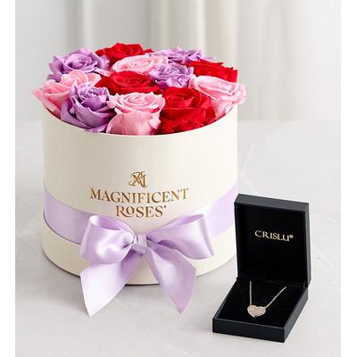 1-800-Flowers Flower Delivery Magnificent Roses Preserved Romantic Medley Magnificent Roses One Dozen W/ Heart Necklace