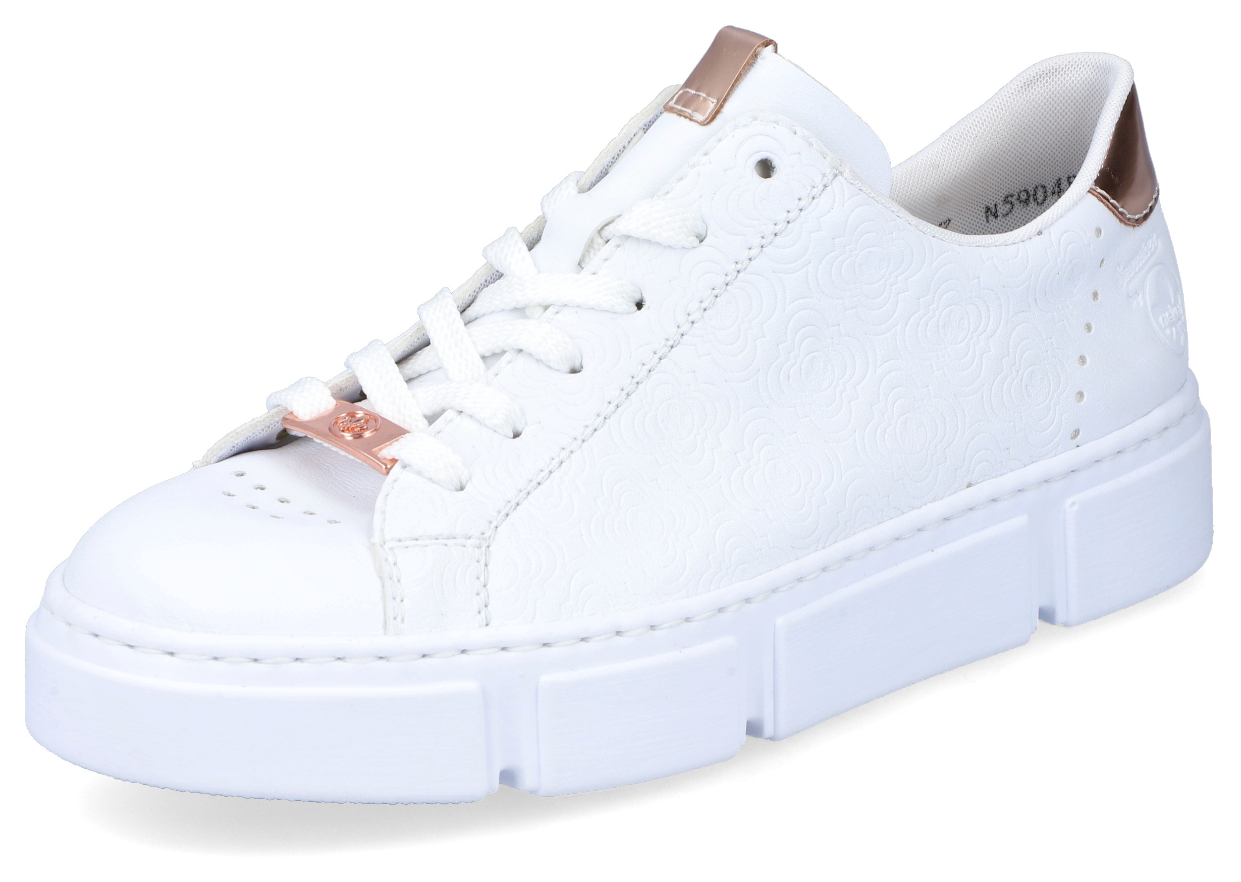 Plateausneaker RIEKER, Damen, Gr. 36, weiß, Lederimitat, Schuhe Skaterschuh Sneaker low, mit metallicfarbenen Akzenten, Freizeitschuh, Halbschuh, Schnürschuh