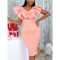 Robe Chic Rose pour Femme Tenue de Soirée Club Col en V Manches Volantes avec Noeud Papillon