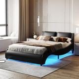 Queen Size Upholstered Faux Leather Platform Bed with LED Light Headboard Bed Frame with Slatted