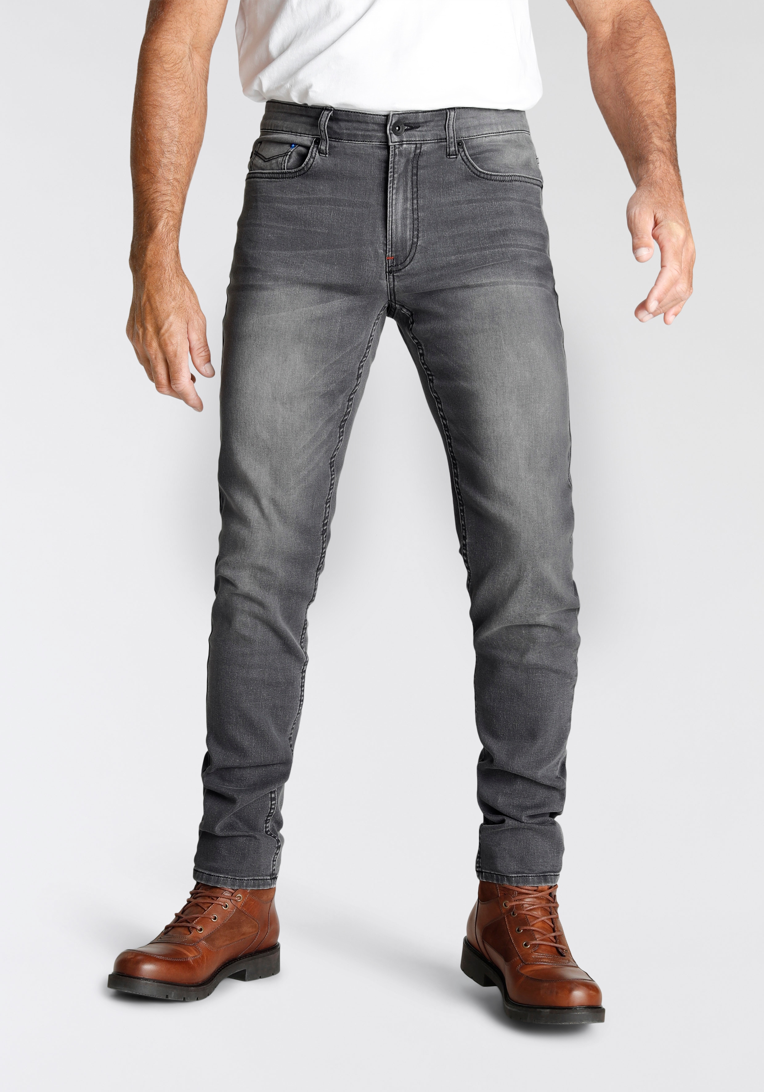 Slim-fit-Jeans H.I.S "FLUSH", Herren, Gr. 33, Länge 34, grau (dunkel grau), Denim/Jeans, Obermaterial: 75% Baumwolle, 23% Polyester, 2% Elasthan, schmal lang, Jeans Slim-fit-Jeans, schmale Beinform, mit Used-Effekten, niedrige Leibhöhe