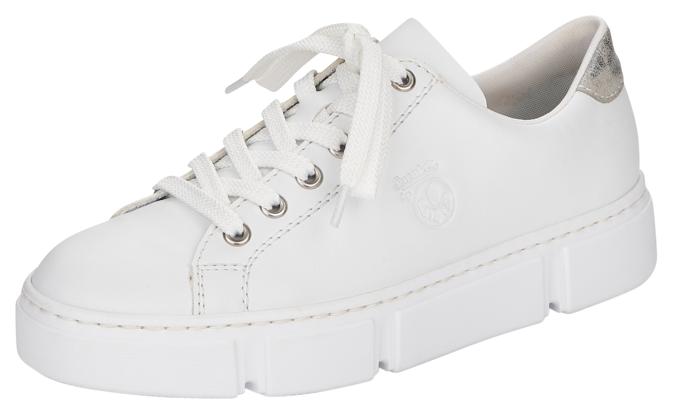 Plateausneaker RIEKER, Damen, Gr. 42, weiß, Lederimitat, Sportlich, Schuhe, in monochromer Optik, Freizeitschuh, Halbschuh, Schnürschuh