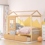 Twin Size House Bed with Two Drawers for Toddlers Kids Girls Boys, Sturdy Pine Bed Frame with Guardrail, No Box Spring Needed