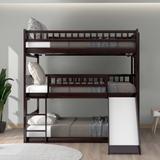 Triple Bunk Bed with Built-in Ladder and Slide, Wooden Full Over Full Over Full Bunkbed Fram with Guardrails for Bedroom