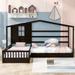 Twin Size L Structure House Bed, 2 Twin Solid Bed with Fence and Slatted Frame, Wood 2 Beds in 1 for Kids Teens Aldults Bedroom