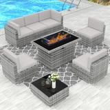 8 Piece Patio Furniture Set with 44 Propane Gas Fire Pit Table Outdoor Sectional Conversation Set Wicker Rattan Sofa Set with Coffee Table