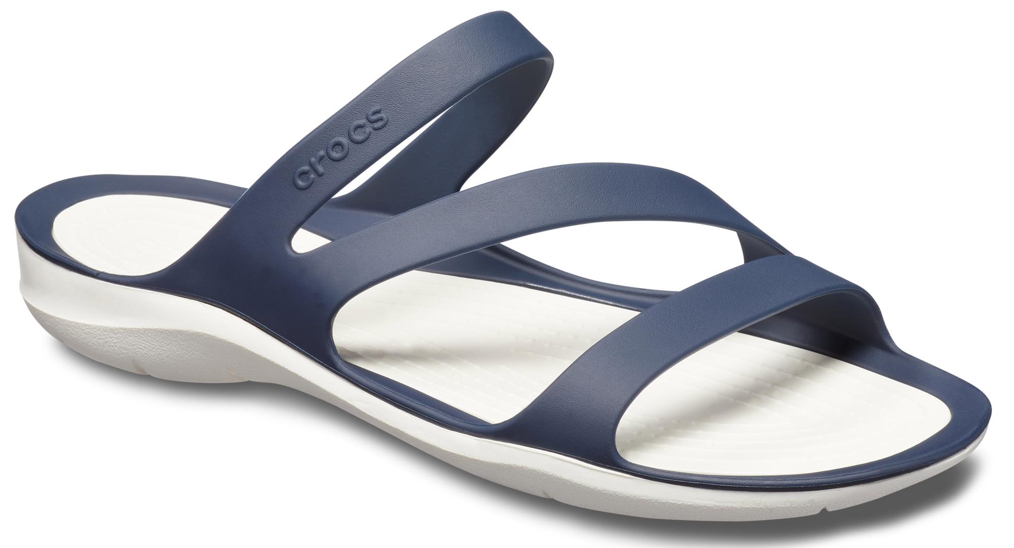 Badepantolette CROCS "Swiftwater Sandal", Damen, Gr. 41, weiß (navy weiß), Croslite™, Schuhe Badelatschen Pantolette, Sommerschuh, Badeschuh, Poolslides, genoppte Innensohle
