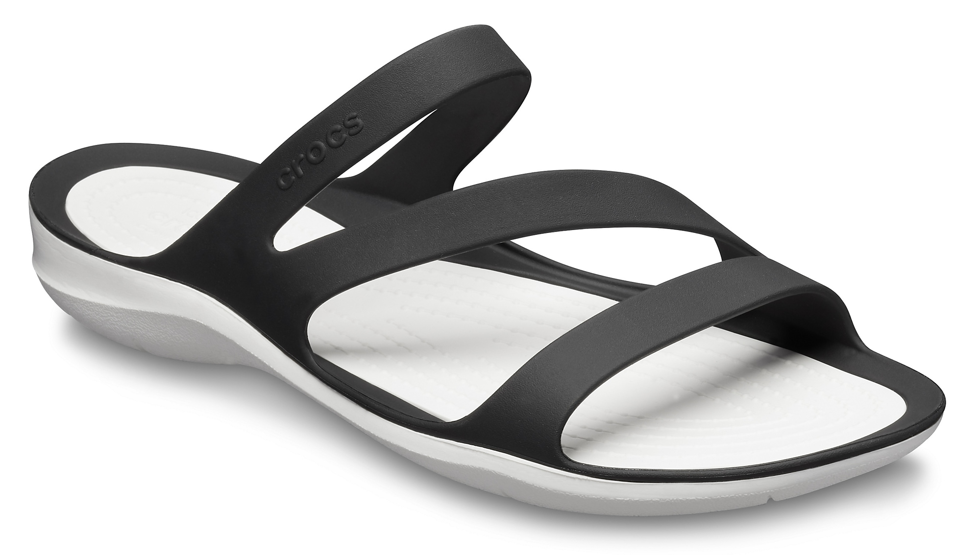Badepantolette CROCS "Swiftwater Sandal", Damen, Gr. 41, schwarz (schwarz weiß), Croslite™, Schuhe Badelatschen Pantolette, Sommerschuh, Badeschuh, Poolslides, genoppte Innensohle