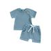 Diconna Baby Boys Girls Summer Outfits Short Sleeve Waffle Knit T-Shirt + Knot Front Shorts Kids Clothing Set Blue 0-6 Months