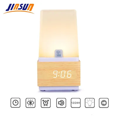 JINSUN – lampe de Table avec réveil LED lampe de chevet lecture en bois lumineuse pour enfants