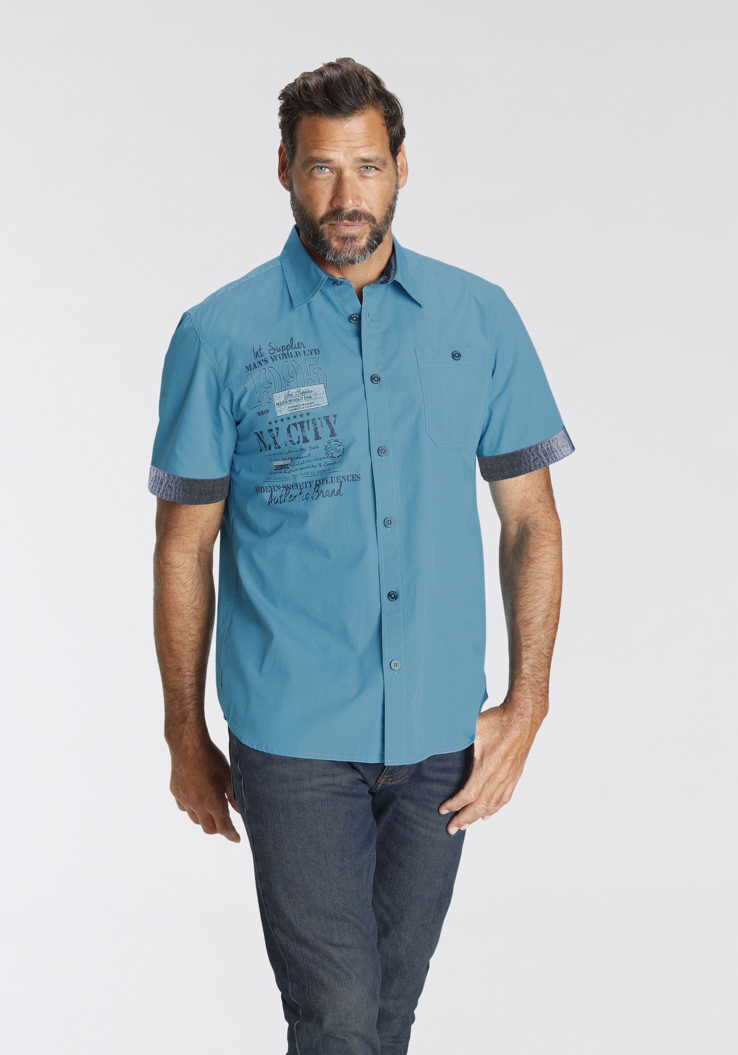 Kurzarmhemd MAN'S WORLD, Herren, Gr. M (39/40), N-Gr, blau (türkis), Obermaterial: 100% Baumwolle, bedruckt, unifarben, bequem, abgestepptes Bündchen, Hemden, mit Print