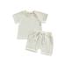 Diconna Baby Boys Girls Summer Outfits Short Sleeve Waffle Knit T-Shirt + Knot Front Shorts Kids Clothing Set Apricot 18-24 Months