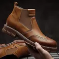 Bottes en cuir véritable faites à la main avec fourrure pour hommes chaussures Brogues rétro