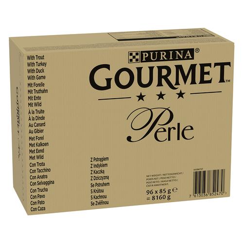 96x85g Forelle, Truthahn, Ente, Wild in Gelee Megapack Gourmet Perle Katzenfutter nass