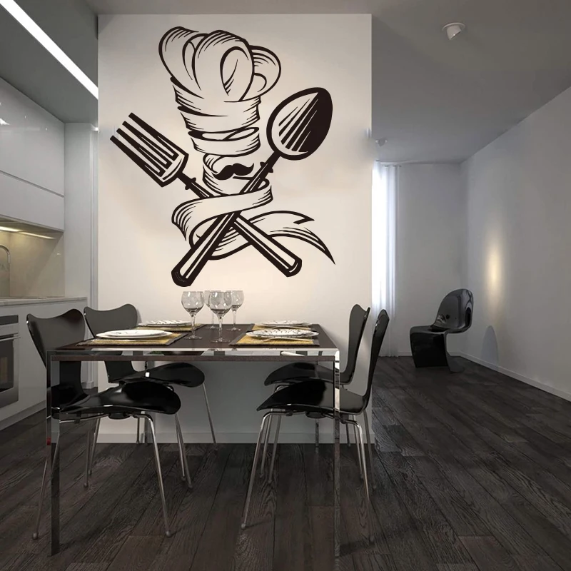 Cuillère fourchette Chef moustache chapeau autocollant mural cuisine salle à manger Chef barbe outils de cuisine autocollant mural Restaurant vinyle 3469