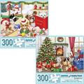 Bits and Pieces - Value Set of Two (2) 300 Piece Jigsaw Puzzles for Adults - Each Puzzle Measures 16" x 20" - Christmas Dogs and Cats Jigsaws by Artist Makiko