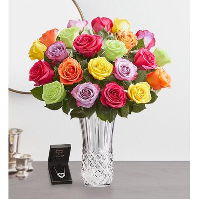 1-800-Flowers Flower Delivery Two Dozen Assorted Roses W/ Luxury Posh Vase W/ Posh Vase & Necklace