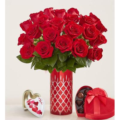 1-800-Flowers Flower Delivery Two Dozen Dazzle Her Day Red Roses W/ Dazzle Vase, Keepsake Heart & Chocolate