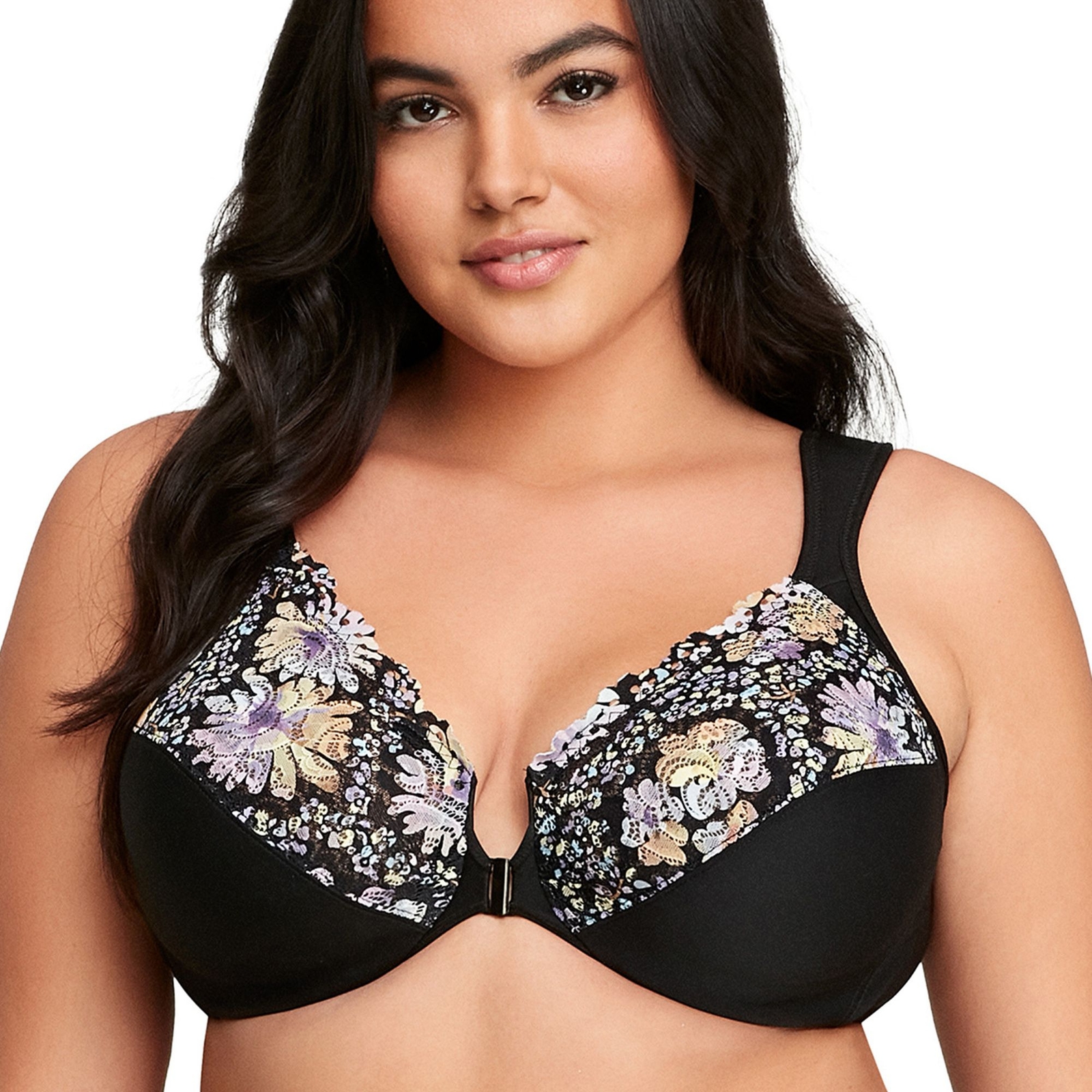 Glamorise Front-Close Wonderwire Bra (Size 36-G) Black Floral, Elastine,Nylon,Polyester