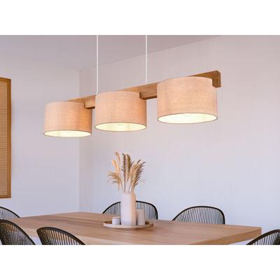 Meinewunschleuchte - Pendelleuchte lanat Holzbalken 3-flammig mit Stoffschirmen Beige, Breite 100cm Image