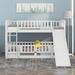 White Vertical Slats Fence Style Full Over Full Wood Low Bunk Bed with Ladder and Slide for Toddler Kids Teens