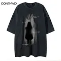 Vintage T-Shirt Streetwear Girl Shadow Graphic Print Washed Tshirt Hip Hop Punk Gothic Short Sleeve