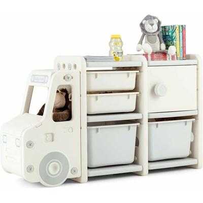 GOPLUS Kinderregal in Autoform, Multifunktionales Spielzeugregal mit 4 Boxen & 1 Schrank, Image
