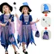 Costume de Sorcière avec Chapeau et Baguette Magique pour Fille Sac de Bonbons Robe Cosplay