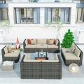 Ovios 9 Piece Outdoor Furniture All Weather Wicker Patio Conversation Sectional Sofa Set with Coffee Table for Garden Backyard (Beige)